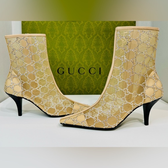 New! Gucci Demi Crystal Mesh Ankle Boots Beige Mid Heel Size EU-38.5 RETAIL$2950 - Picture 3 of 15